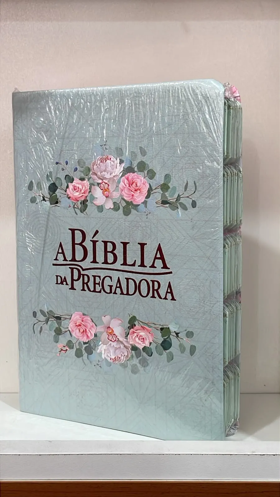 A Bíblia da Pregadora com capa verde-água e rosas