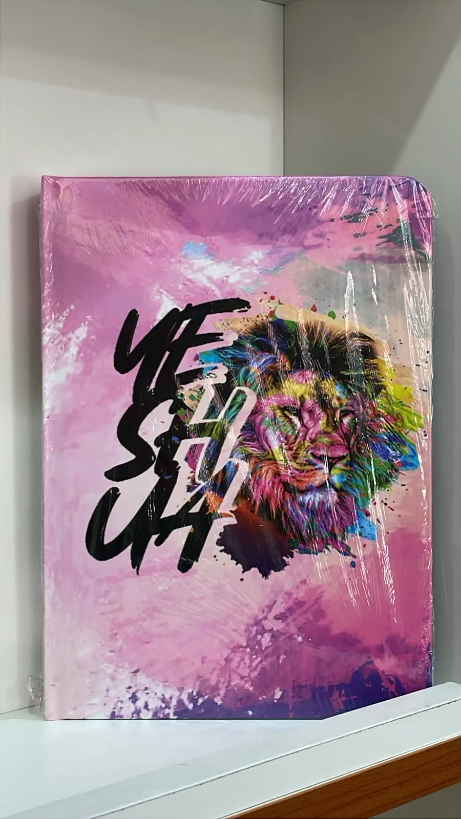 Bíblia NVA com capa rosa, leão colorido e a palavra Yeshua